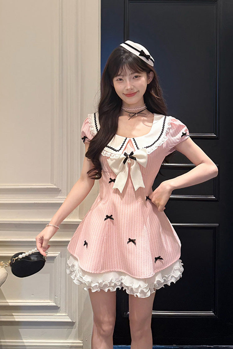 Rose Peach Dream Doll Collar Short Puff Sleeve Vertical Stripe Print Ruffle Bow College Sweet Dress