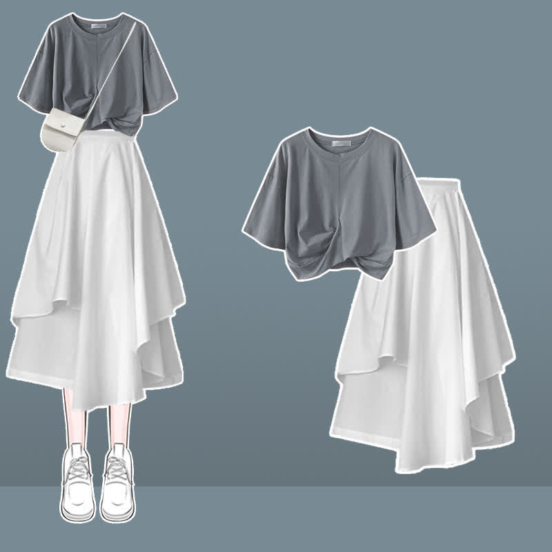 Bow Round Collar Bowknot Crop T-Shirt Irregular Skirt