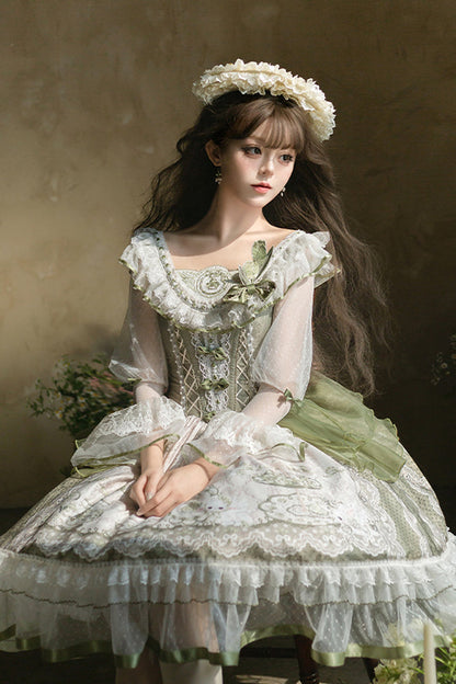 Emerald Lace-Up Bow Lolita OP Dress - Teacup Rabbit