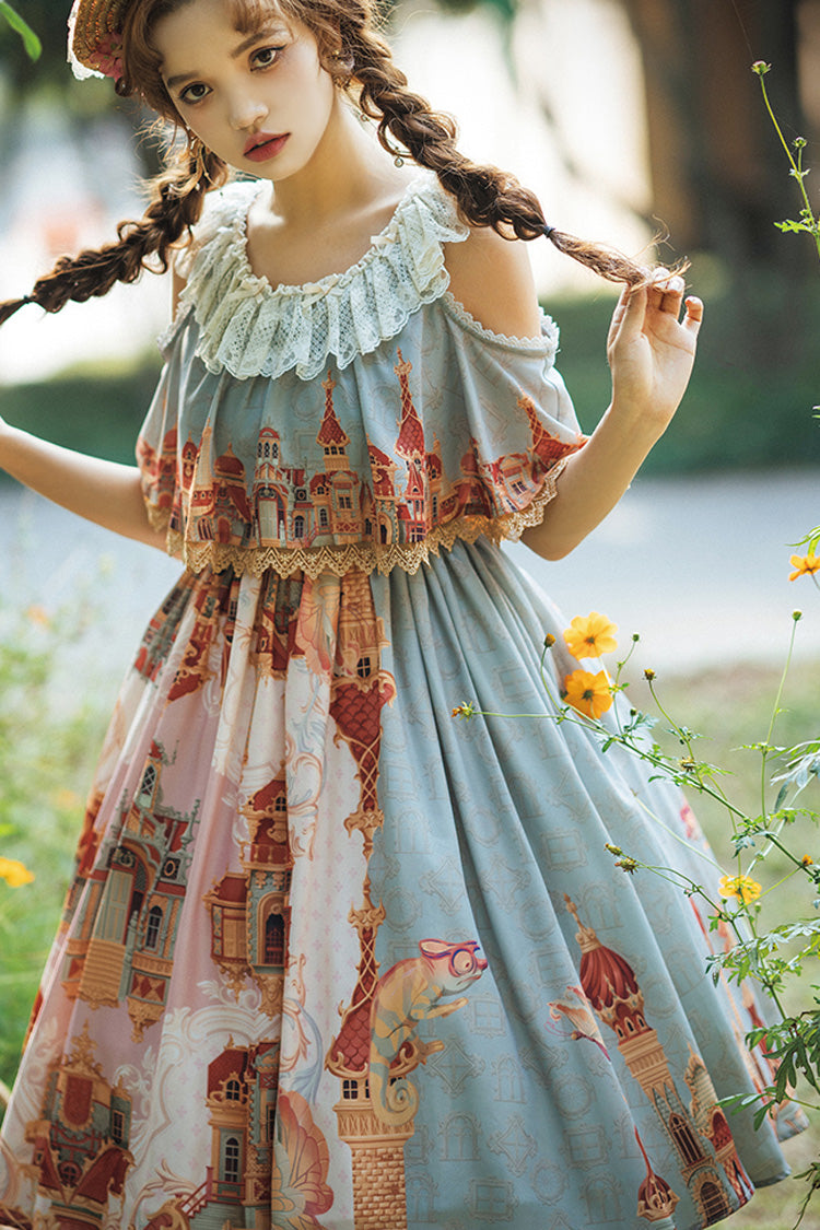 European Architecture Oil Painting Off-Shoulder Ribbon Lolita Dress