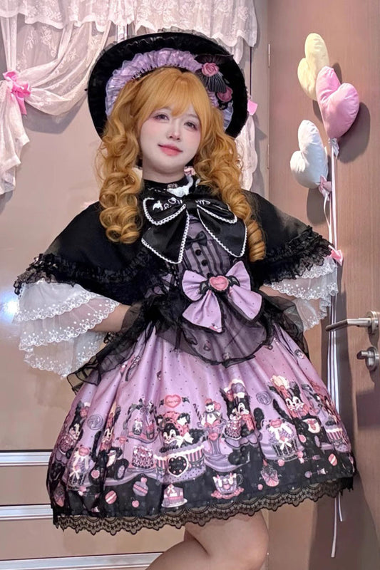 Purple Printed Gothic Lolita JSK Dress with Bowknot Lace and Ruffle