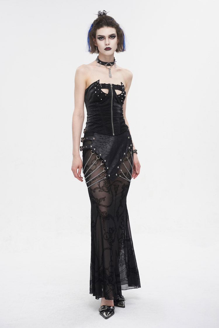 Gothic Fishtail Skirt with Sheer Panels and Chain Accents