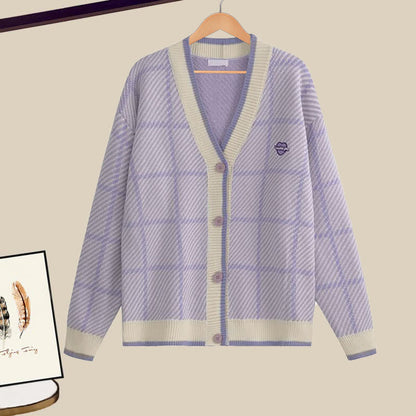 Purple Lapel Set Plaid Cardigan Pants Denim Shirt
