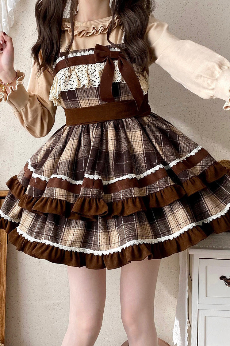 Brown Sleeveless Sweet Lolita Plaid Print Ruffle Bowknot JSK Dress