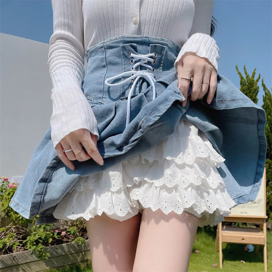 Jupe en jean à lacets avec short taille haute en dentelle