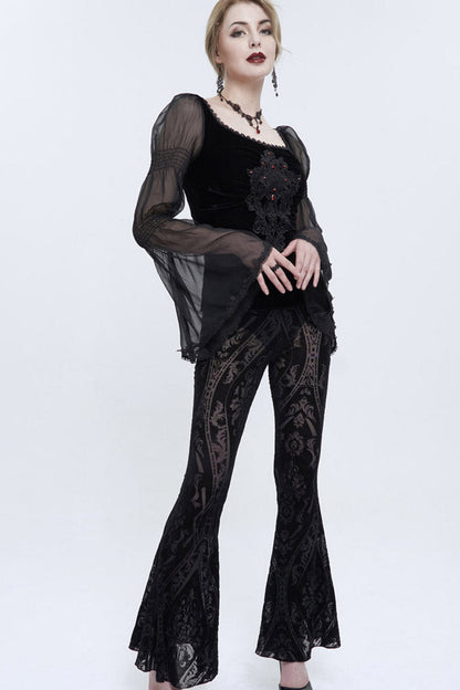 Punk Women's Flared Trousers with Elastic Waist and Flocked Jacquard Fabric
