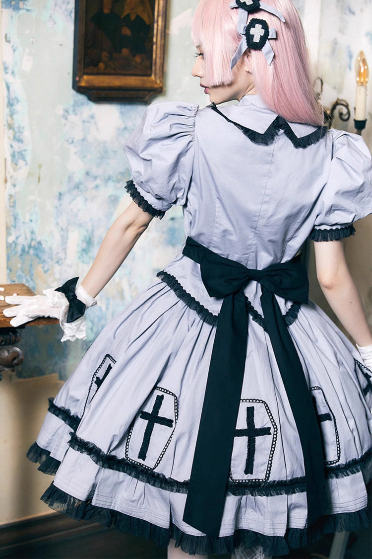 Grey Cross Short Puff Sleeves Two-Piece Gothic Lolita Dress