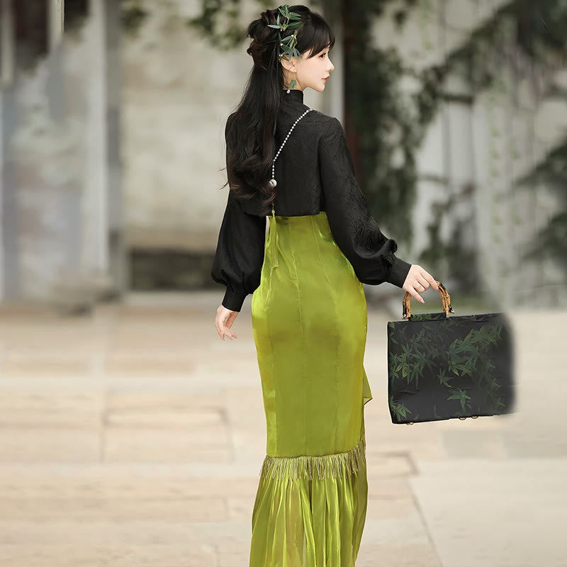 Pearl Dress Pieces Tassel Embroidery Top Two Vintage Flower