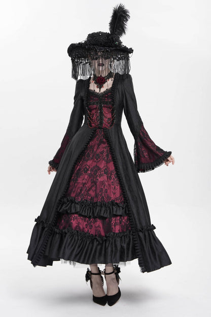 Long Sleeve Floral Embroidery Lace-Up Pleated Gothic Dress