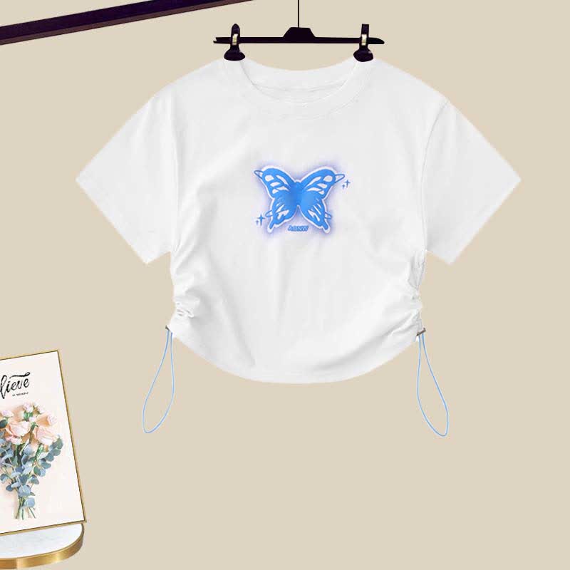 Butterfly Print Draw String T-Shirt Pocketed Cargo Pants