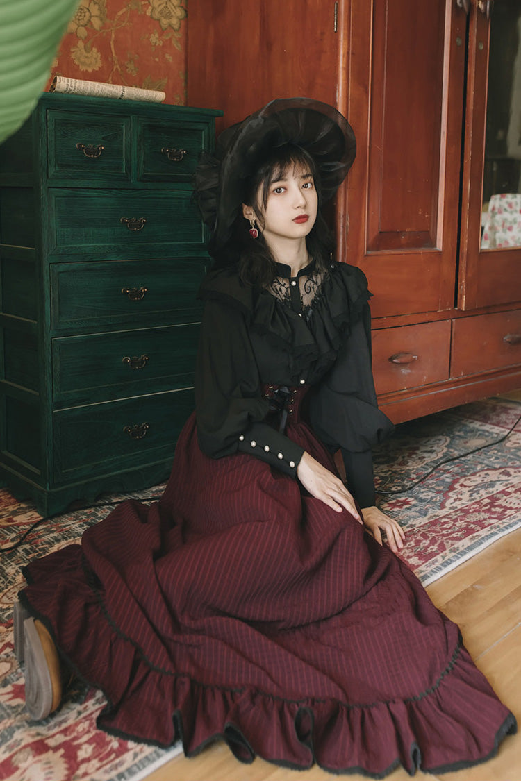 Black Red Long Sleeves High Waist Print Lace Gothic Vintage Lolita Dress Set