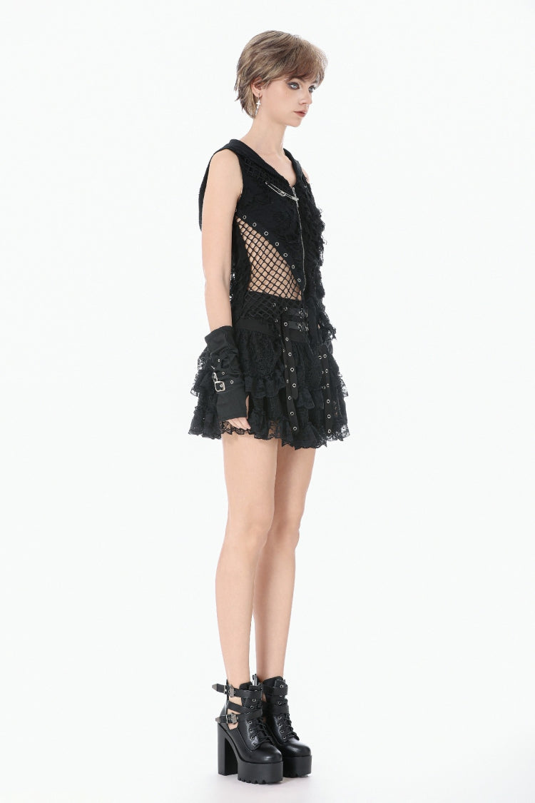 Hooded Punk Top with Ripped Mesh and Eyelets