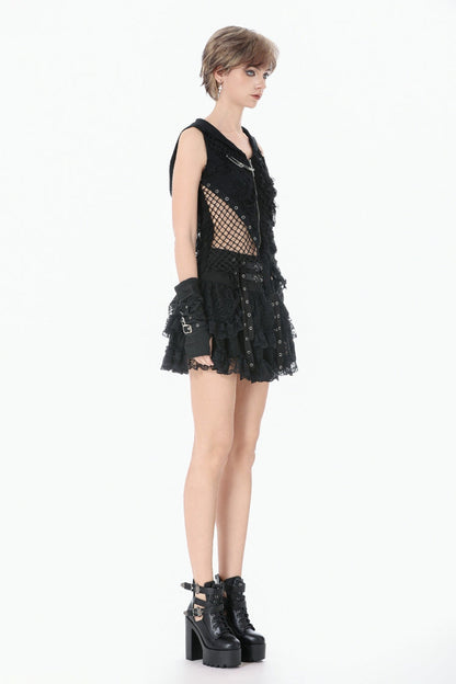 Hooded Punk Top with Ripped Mesh and Eyelets
