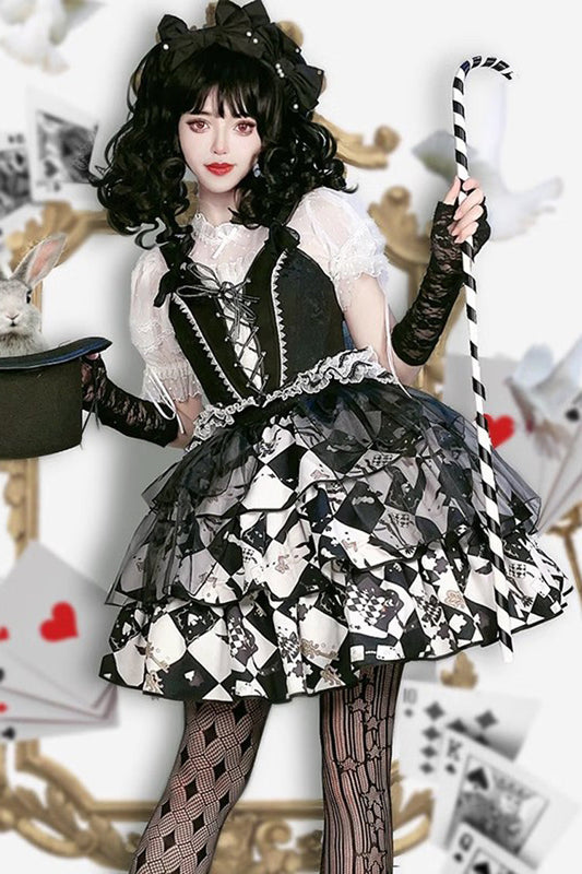 Black White Board Games Triple-Layer Print Ruffle Vintage Lolita Skirt