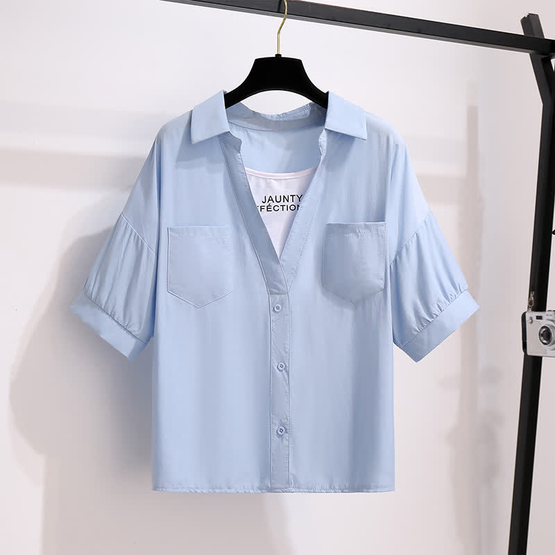 Pocketed T-Shirt Denim Fake Lapel Shorts Pieces Two