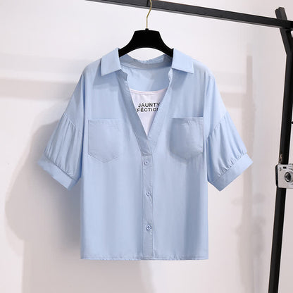 Pocketed T-Shirt Denim Fake Lapel Shorts Pieces Two