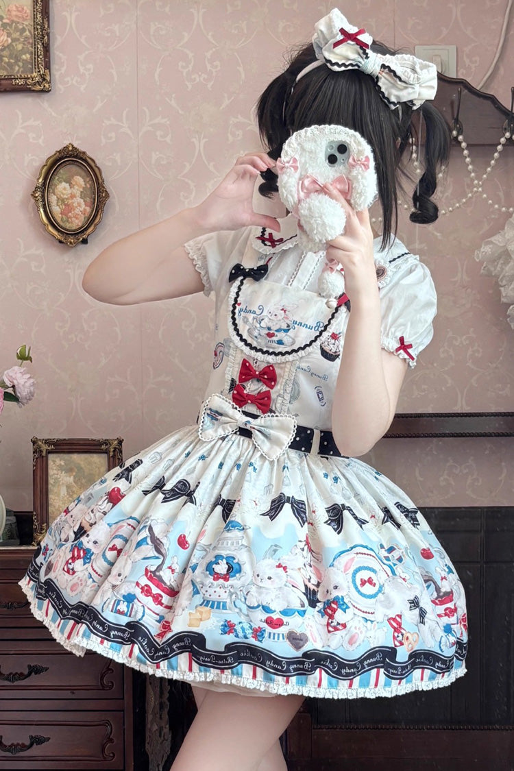 Mystery Rabbit Tea Party Sleeveless Print Bowknot Lace Sweet Lolita Strap Dress in Beige