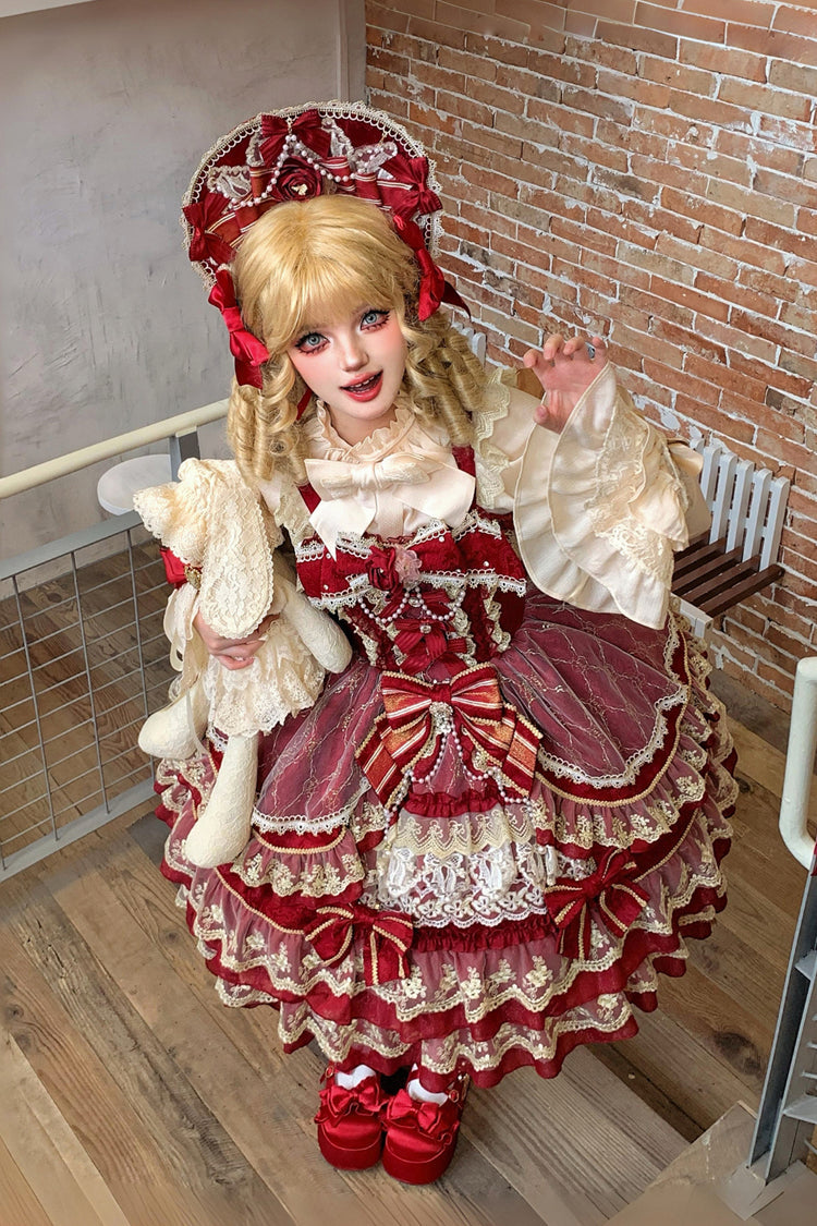 Ruby Gemstone Triple-Layered Bow Lace JSK Dress for Elegant Lolita