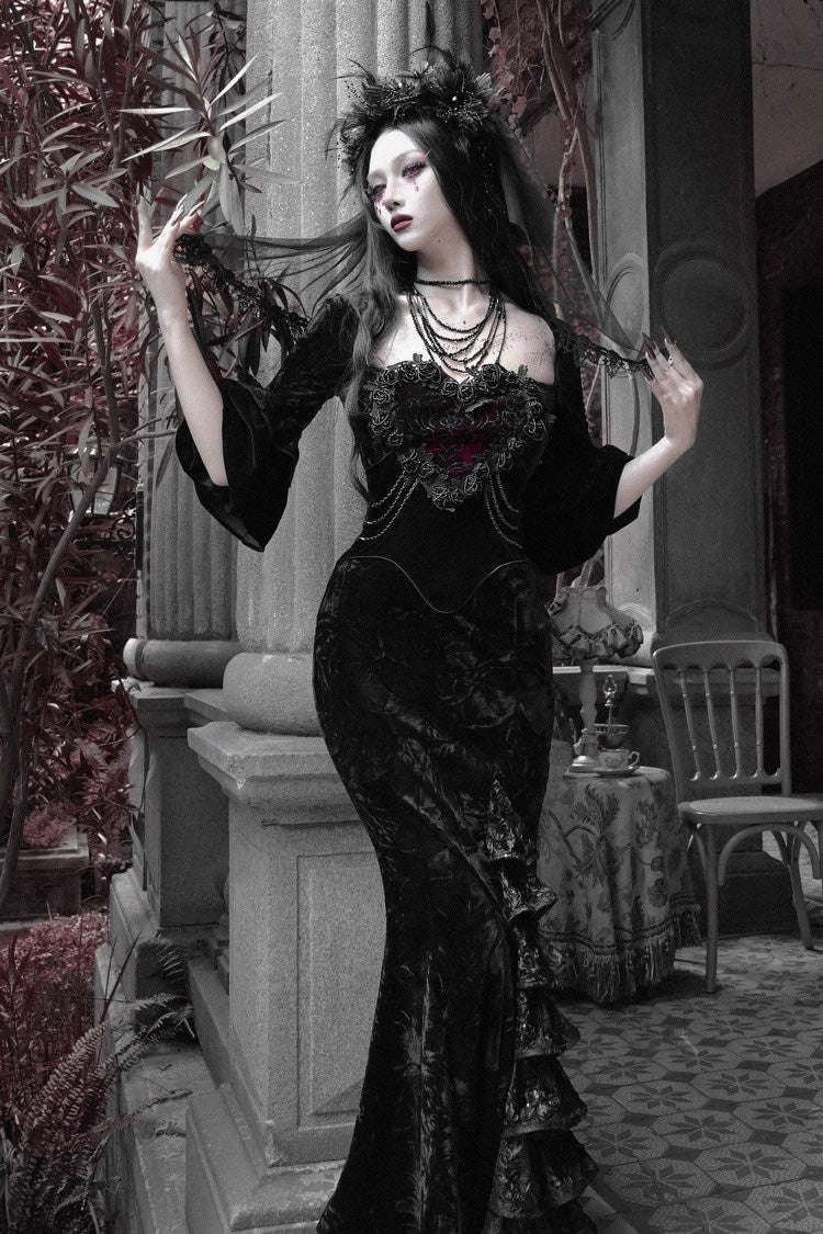 Square Collar Gothic Mermaid Dress with Multi-Layered Ruffled Embroidery - Castle of Dark Romance