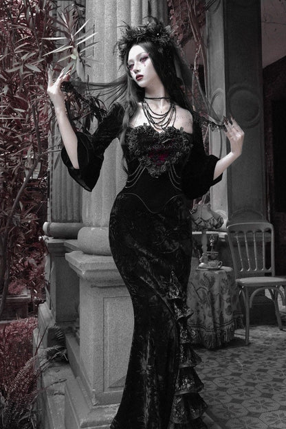 Square Collar Gothic Mermaid Dress with Multi-Layered Ruffled Embroidery - Castle of Dark Romance