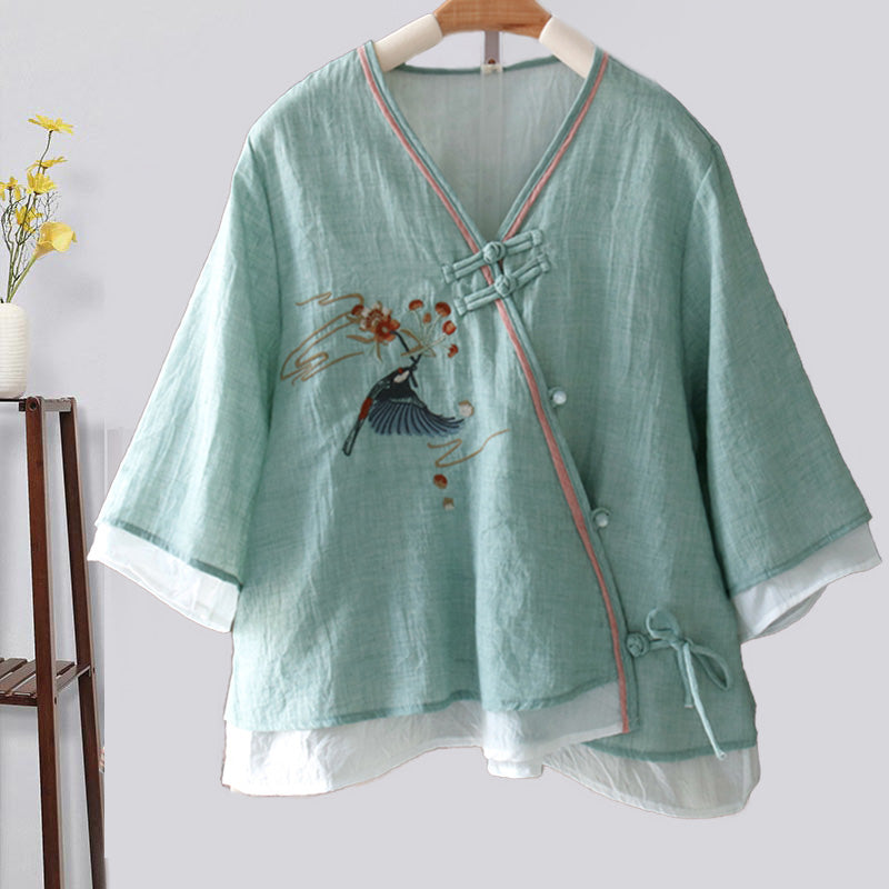 Vintage Bird Embroidery Buckle Shirt