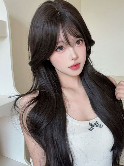 Black Tea 73CM Length Wavy Wig With Curtain Bangs
