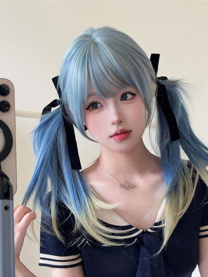 Blue Ombre Hair Color 65CM Length Hime Cut Straight Wig With Air Bangs