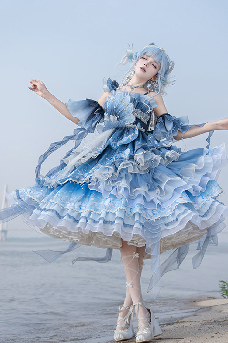 Gradient Printed Ruffled Embroidered Bow Lace Asymmetric Sweet Elegant Lolita JSK