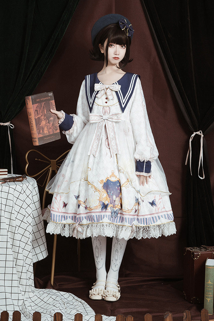 Ivory Navy Collar Butterfly Print Ruffled Bow Princess Gown