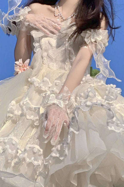 Ivory Ruffled Bow Pearl Decorated Lolita JSK Full Set