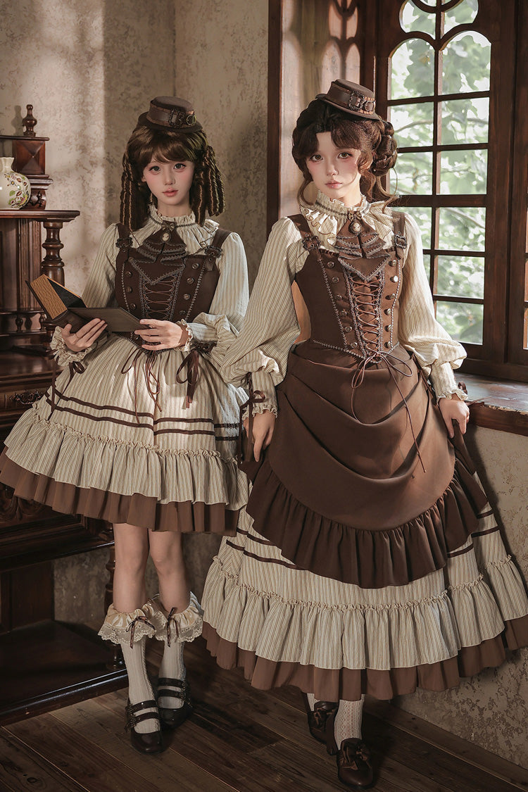 At Sunset Round-Collar Lantern-Sleeved Double-Layered Printed Ruffled Classic Lolita Dress in Beige and Brown, 2 Versions