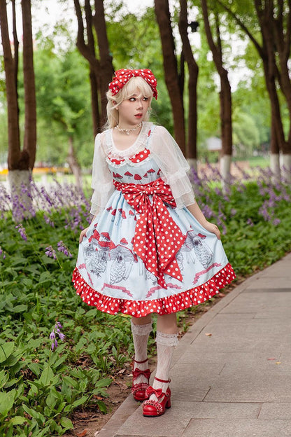 Mushroom-Print Bow-Adorned Ruffled Sweet Lolita Dress in Two Colors