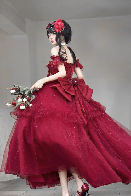 Bright Stars Off Shoulder Ruffle Bowknot Asymmetric Sweet Princess Dress