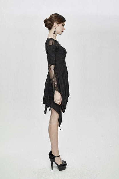 Gothic Women's Off-Shoulder Knit Dress with Horn Sleeves and Lace Trim