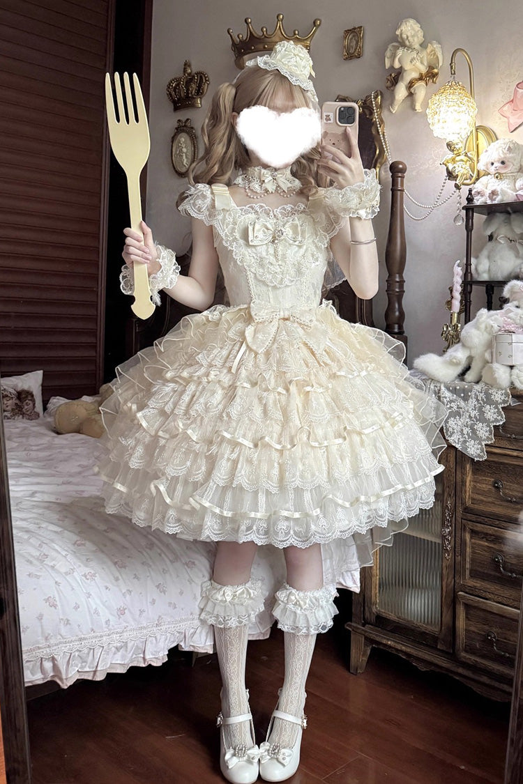 Apricot Feathers Ballad Sleeveless Multi-Layered Ruffle Hanayome Bow Sweet Lolita Jsk Dress