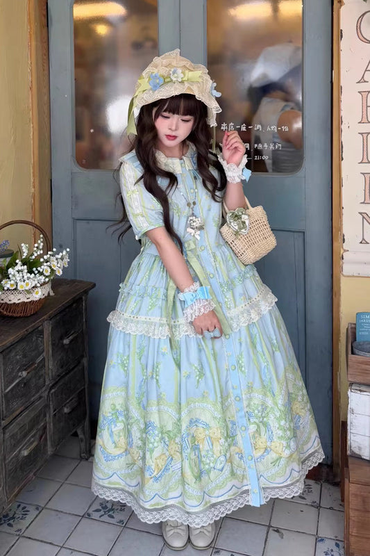 Blue Green Lily of the Valley Perfume Pearl Candy Tea Doll Collar Short Sleeve Print Lace Plus Sweet Lolita OP