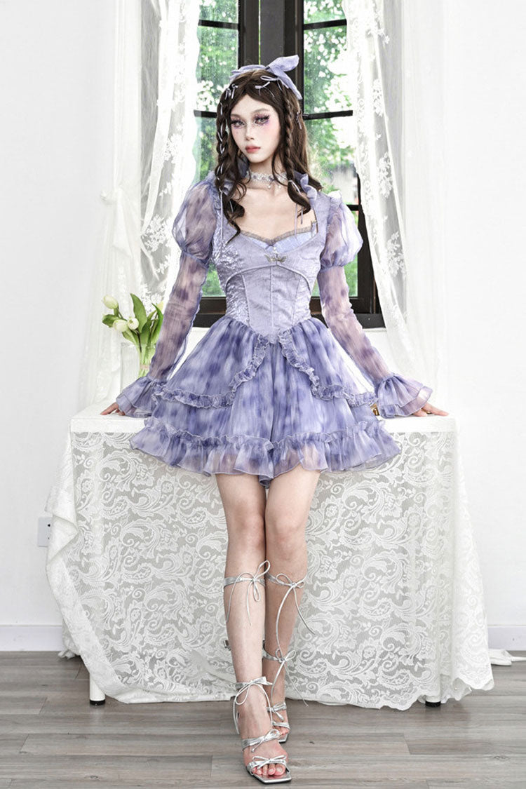 Blue Ruffle Lace Tie-Dye Print Fake Two Piece Sweet Princess JSK Dress