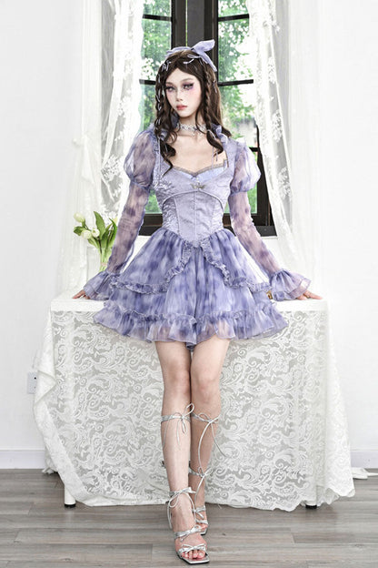 Blue Ruffle Lace Tie-Dye Print Fake Two Piece Sweet Princess JSK Dress