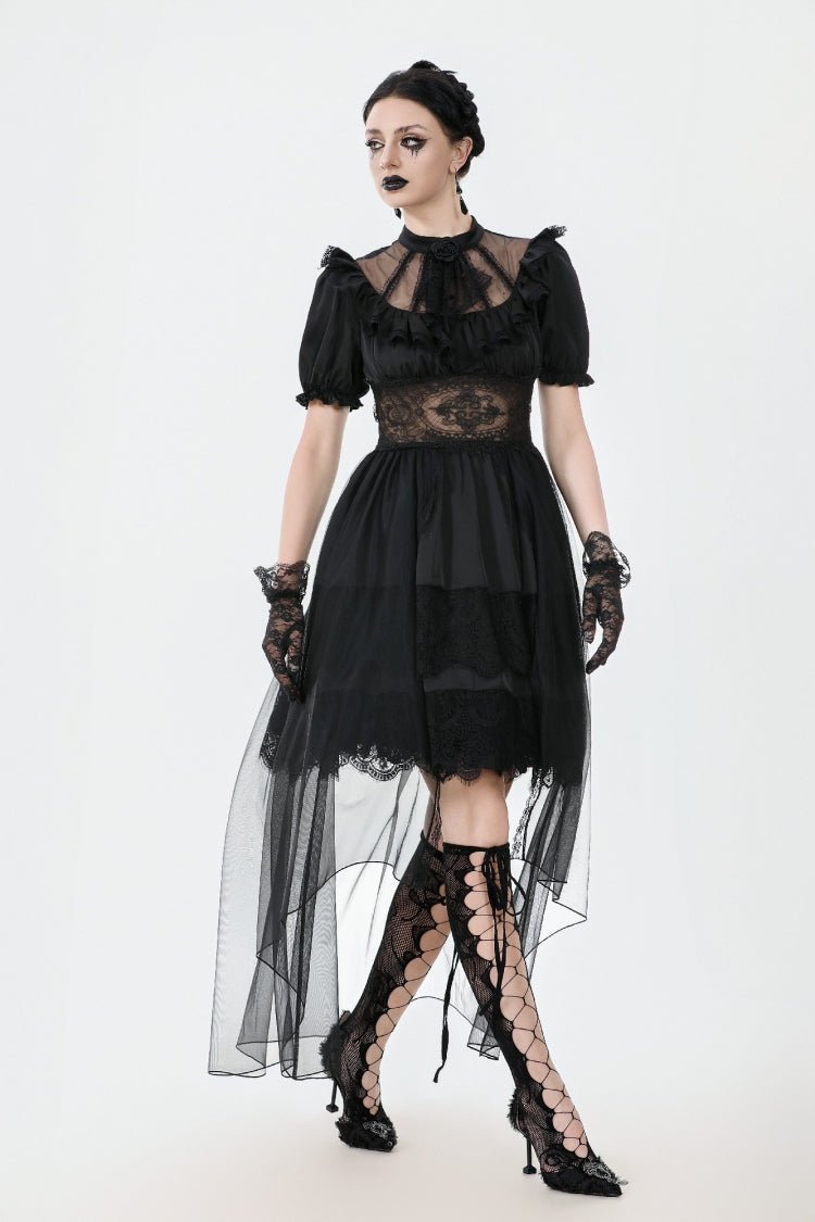 Inky Puff Sleeve High-Low Multi-Tiered Chiffon Gown - Gothic Wedding