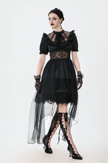Inky Puff Sleeve High-Low Multi-Tiered Chiffon Gown - Gothic Wedding