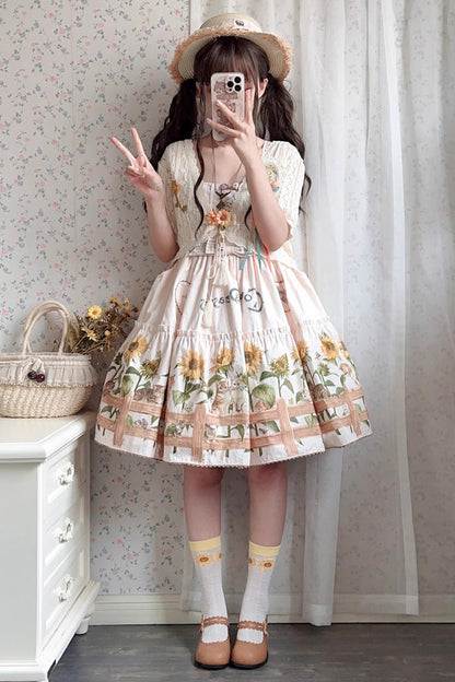 Sunflower-Print Bow-Adorned Sweet Lolita JSK Dress in Two Tones