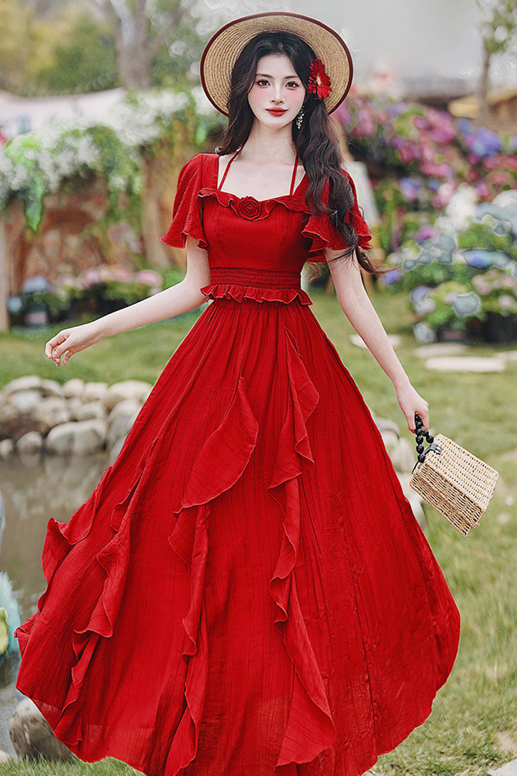 Red Square Collar Halter Short Sleeves High Waist Ruffle Gothic Vintage Lolita Long Skirt Set