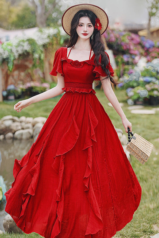 Red Square Collar Halter Short Sleeves High Waist Ruffle Gothic Vintage Lolita Long Skirt Set