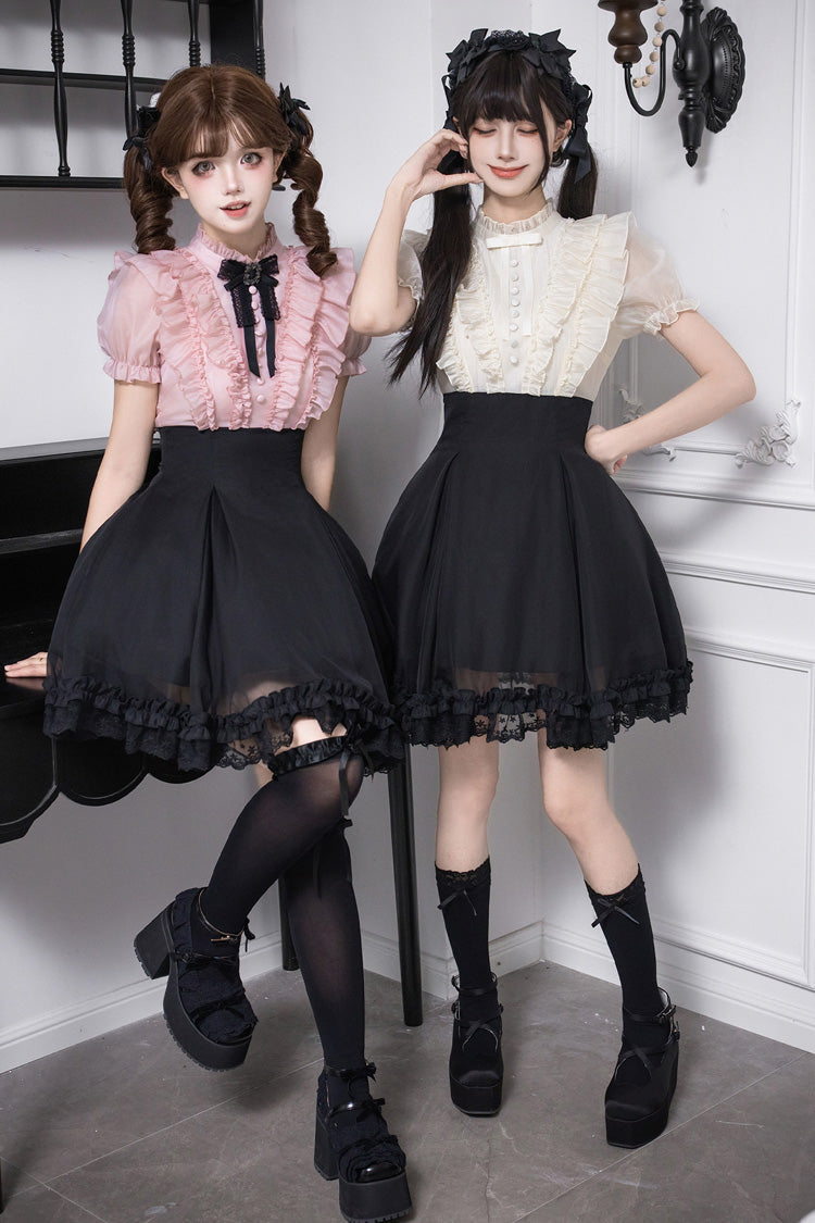 Puff-Sleeve Color-Blocked Faux Two-Piece Sweet Dress