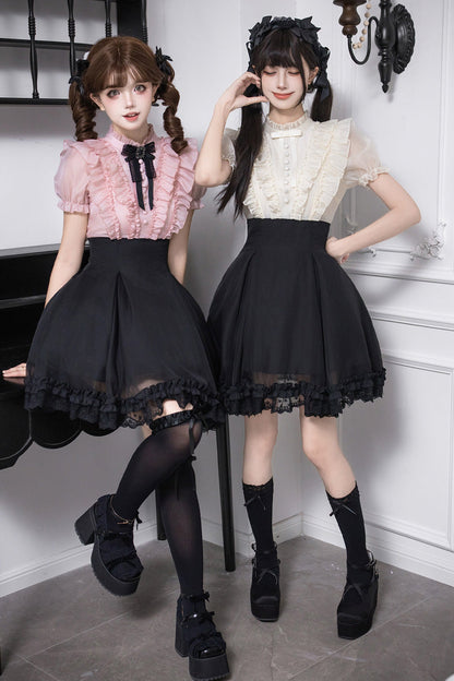 Puff-Sleeve Color-Blocked Faux Two-Piece Sweet Dress