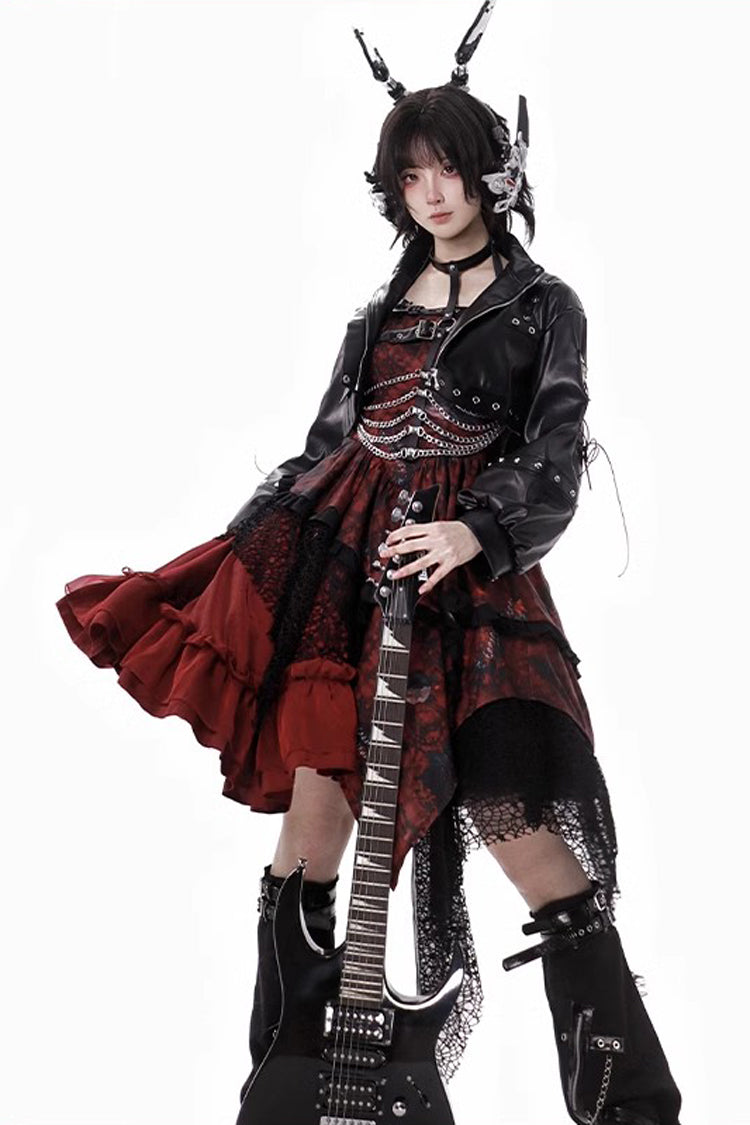 Sleeveless Printed Gothic JSK Dress with Asymmetric Ruffled Lace - Strawberries of Blood and Tears
