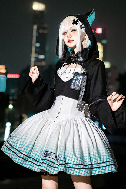 Black and Ivory Electronic Cat Print Future Suit Gothic Cool Lolita Dress
