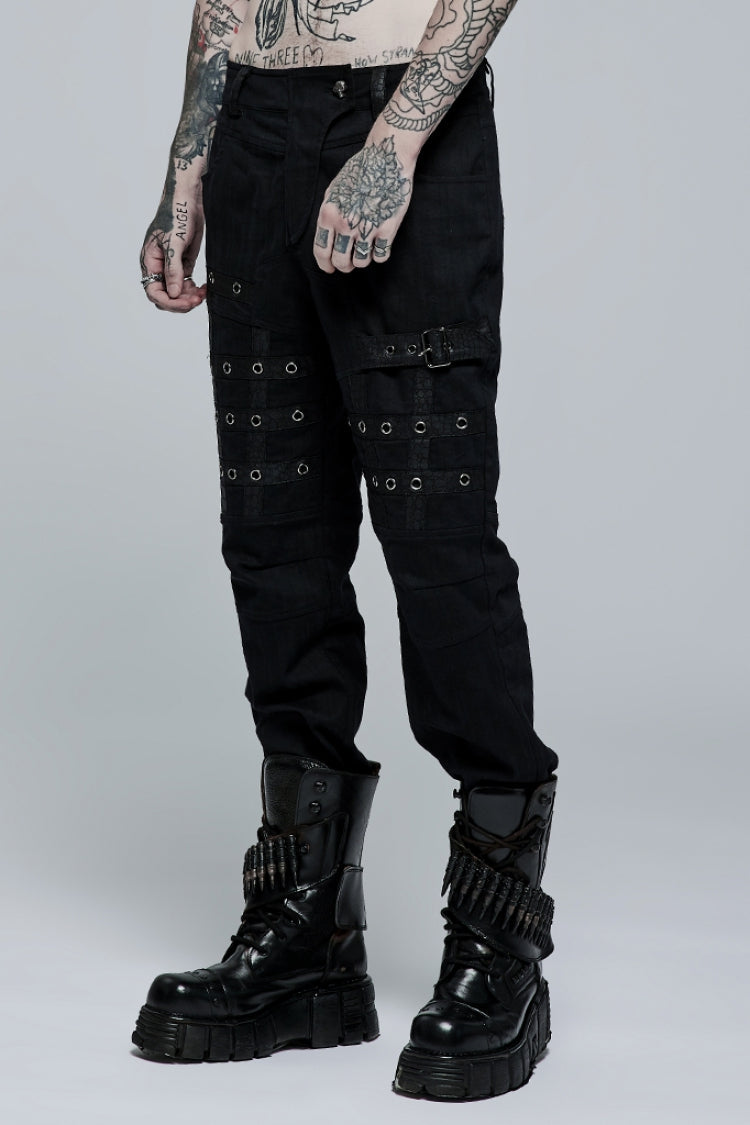 Steampunk Men's Trousers with Faux Leather Stitching and Metal Buttonhole
