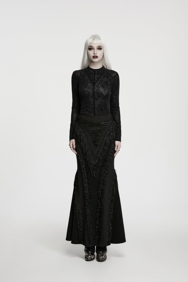 Gothic Top for Her with High Collar and Rose Jacquard Lace, Slim Fit