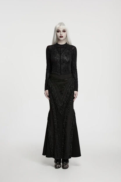 Gothic Top for Her with High Collar and Rose Jacquard Lace, Slim Fit